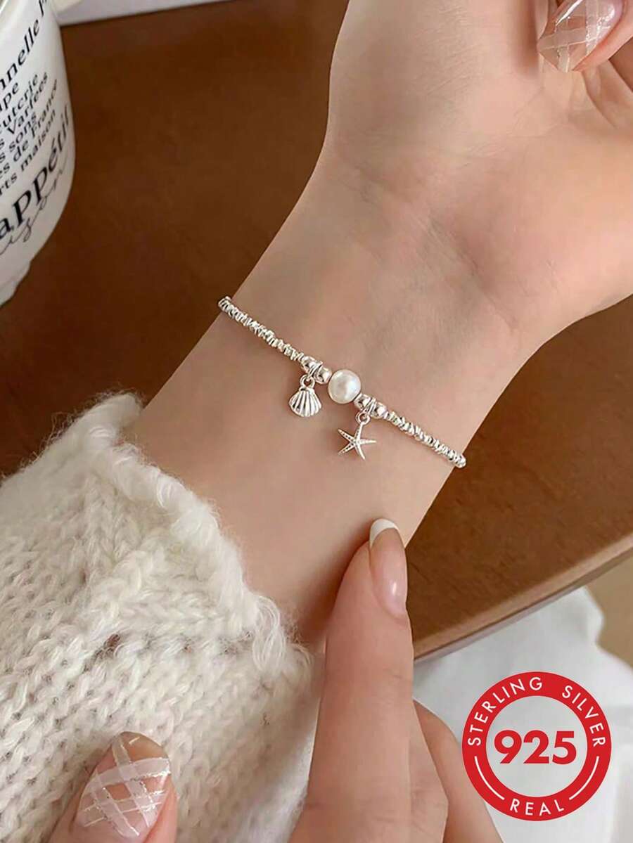 1件镀银仿珍珠海星贝壳手链，925纯银，女士珠宝礼物，派对礼物，生日礼物，日常佩戴 - 海星貝殼手鍊 - 查看 1