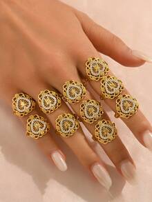 1枚女士心形26字母锆石戒指，金色开口字母戒指，心形通勤戒指，夏季海滩风戒指，适合日常佩戴 - 金黃色 - 查看 6