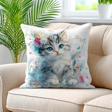 Capa de almofada com estampa floral de gato (1 unidade), minimalista, em tecido macio e felpudo, sem enchimento. Ideal para sofá, quarto, decoração de casa e cadeiras de jardim. - Multicolorido - Ver 4