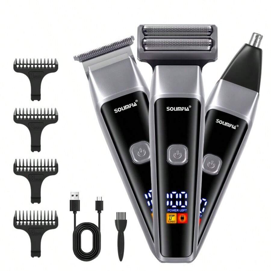 1件装三合一多功能电动剃须刀，可充电男士旋转式鼻毛修剪器剃须刀套装 - 黑色 - 查看 1