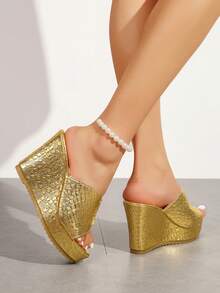 2026 New Fashion High Heel Platform Wedge Sandals, Thick Sole Peep-Toe Slippers For Women Summer Outdoor Wear - Gold - View 4