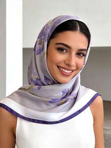 1 pieza Pañuelo cuadrado de 68 cm (26.77 pulgadas) con estampado tipo seda, accesorio multifuncional transpirable para mujer, para usar como diadema o pañuelo de cuello - Morado - Ver 2
