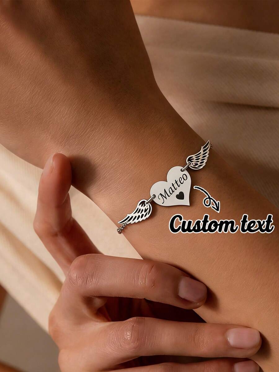 Vòng tay hình trái tim có cánh thiên thần được thiết kế riêng, khắc tên, có thể điều chỉnh kích thước, quà tặng kỷ niệm cá nhân hóa dành cho phụ nữ, thích hợp làm quà tặng Ngày của Mẹ, bảng khắc tên, quà tặng trang sức. - Bạc - Xem 1