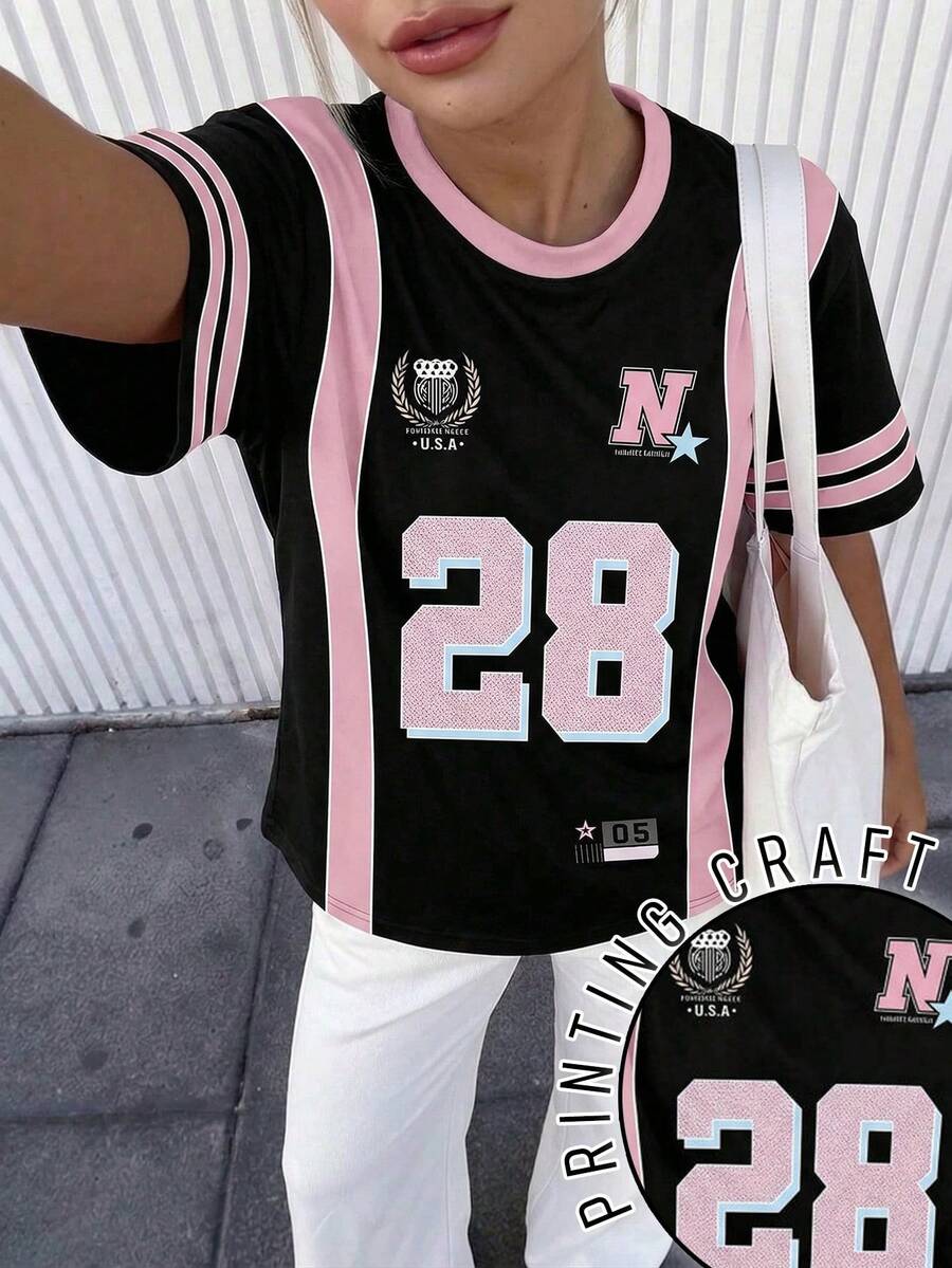 LOVE JOYY 女士宽松舒适圆领短袖T恤，运动休闲夏季派对上衣 - 彩色 - 查看 1