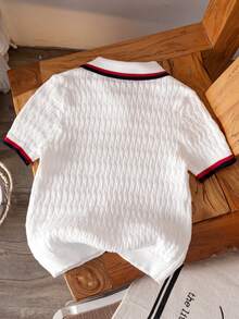 Boys' Collegiate Style Color Block Cable Knit Polo Shirt Short Sleeve Lightweight Knit Sweater, Suitable For School, Everyday Wear, Spring, Summer, Autumn - White - View 2