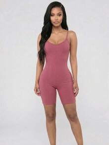 Women's Sleeveless Scoop Neck Rib-Knit Cami Short Jumpsuit, Polyester High Stretch Casual And Cute One-Piece Outfit - Màu tím sẫm - Xem 1