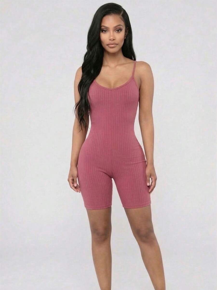 Women's Sleeveless Scoop Neck Rib-Knit Cami Short Jumpsuit, Polyester High Stretch Casual And Cute One-Piece Outfit - Màu tím sẫm - Xem 1