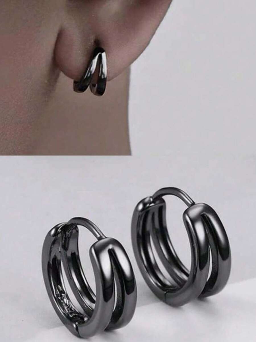 1对男士双层弧形耳环，黑色镀层极简耳环，时尚饰品，适合日常佩戴、派对、节日（如复活节、父亲节、毕业典礼） - 黑色 - 查看 1