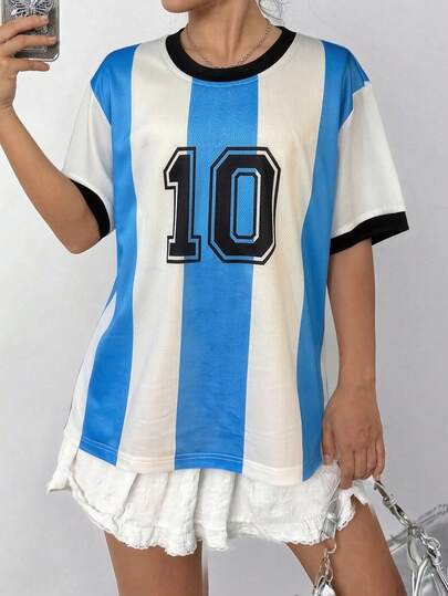 1pc Girls & Teens' Blue & White Patchwork Breathable Comfortable Sports Short Sleeve T-Shirt, World Cup Style