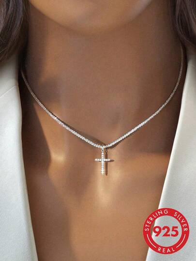 1pc Sparkling White Moissanite Cross Pendant Necklace, S925 Sterling Silver, Elegant Jewelry Gift For Women, Suitable For Daily Wear