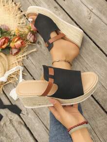 Women's Straw Wedge Rope Open Toe Slippers, Thick Sole Elevated Summer Outdoor Sandals - Black - View 4