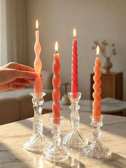 4支手工大豆蜡螺旋蜡烛套装，莫兰吉色调，燃烧时间长，香味怡人，适合婚礼中心装饰、浪漫晚餐、客厅装饰、复活节、春季、母亲节、乔迁之喜、圣诞节、情人节、周年纪念日、生日等场合，是送给妻子、女友、妈妈的理想礼物。