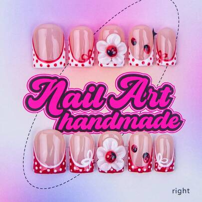 10片装Y2K风格方形美甲贴片套装 - 手工制作，粉色美甲，白色法式美甲，手工3D蓝莓美甲，手绘蓝色蕾丝、蓝色波点和绿色叶子图案，可爱蓝莓美甲，精致优雅美甲 - 适合女性和女孩，派对、婚礼、日常佩戴、DIY美甲，美甲套装