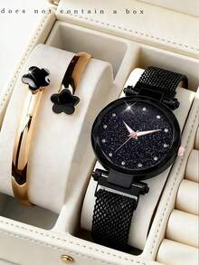 This Fashionable And Versatile Women's Quartz Watch Features A Personalized Diamond-Cut Round Dial And A Magnetic Mesh Strap, Making It The Perfect Gift For Women. It Is Suitable For Holiday Gifting As Well As Everyday Wear. - Black - View 8