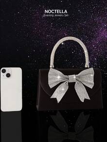 Noctella 四件套晚宴水钻首饰套装，闪亮新款水钻蝴蝶结派对手提包，奢华女士水钻手提晚宴包，优雅时尚黑色缎面翻盖手拿包，搭配水钻吊坠项链、耳环和手链，适合派对、晚宴、聚会和舞会。 - 黑色 - 查看 6