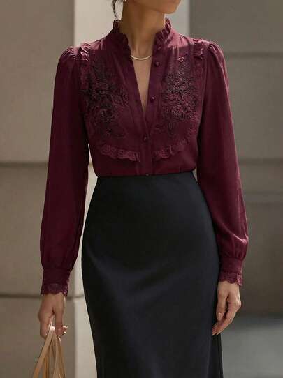 Elegaris Aliao 华丽 3D 立体花朵刺绣蕾丝荷叶边领衬衫，适合节日外出、婚礼季、情人节、波西米亚风、商务休闲女装，纽扣衬衫，新年春假