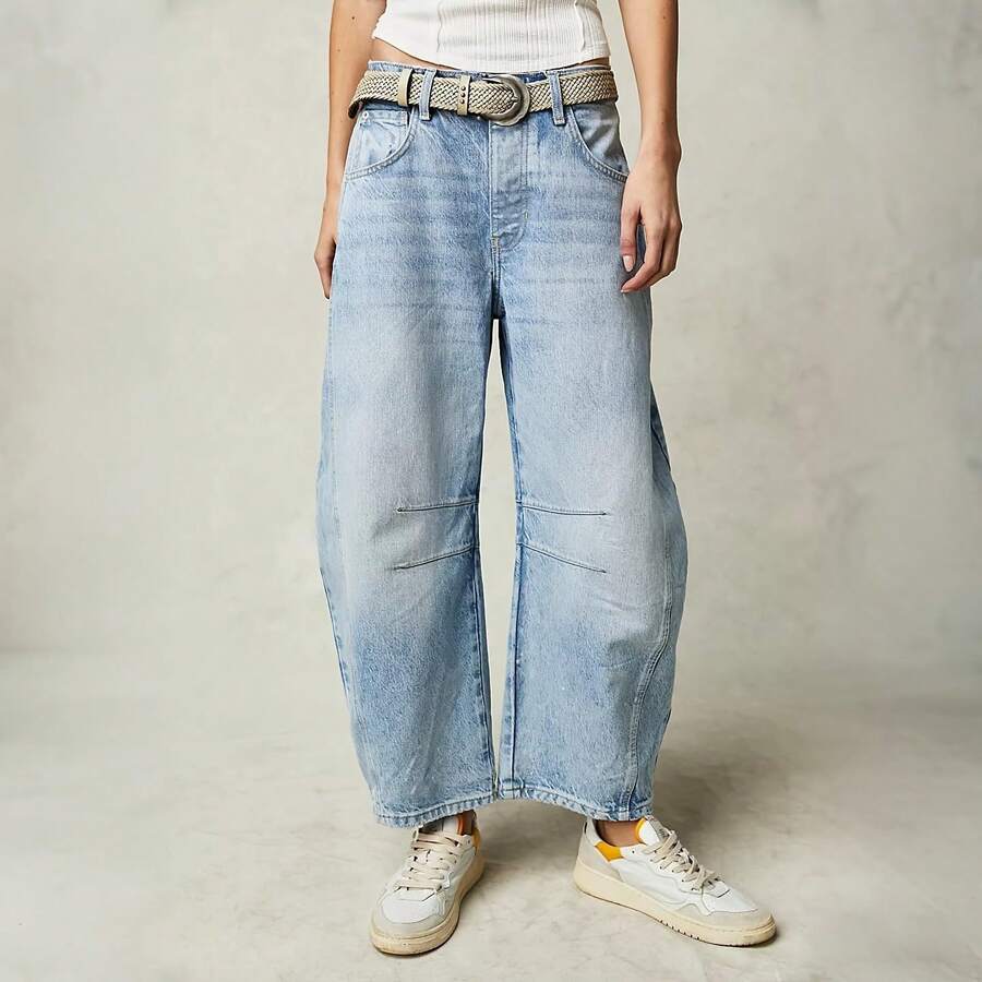 Women's Jeans Section: Women's Horseshoe-Shaped Barrel Jeans, Mid-Waist Wide-Leg Jeans, Loose Fit, Slim Tapered Leg Casual Jeans. - Light Blue - 查看 1
