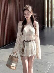 Áo croptop dệt kim thưa, khoét lỗ, trễ vai, eo thắt, dài ngang gối, mỏng nhẹ, xuyên thấu, chống nắng, thích hợp cho mùa xuân/hè. - Màu be - Xem 3