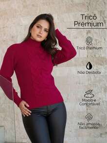 Women's Cold Temperature Sweater High Neck Wool Puff Sleeve Knitted Tricot Braids - Cherry Pink - View 3