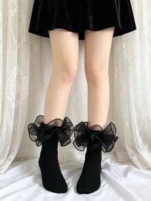 1 Pair Solid Color Ruffle Trim Socks, Suitable For Girls And Women To Match Skirts, Elegant Lolita Princess Dance Socks - Black - View 2