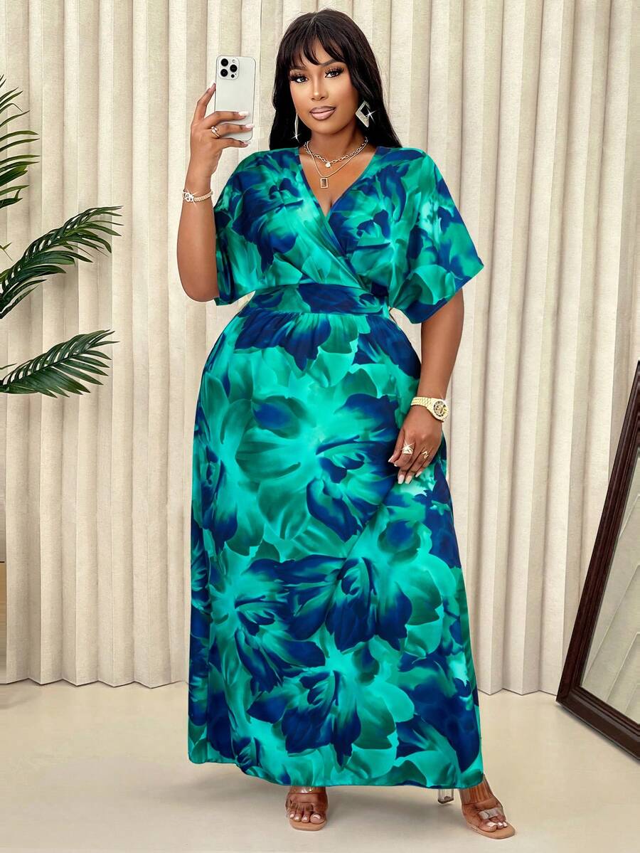BIUBIU Plus Size Women's Blue & Green Floral V-Neck Batwing Sleeve Cinched Waist Loose A-Line Maxi Dress, Bohemian Style Casual Holiday Dress Vacation Elegant Summer - Dark Green - View 1
