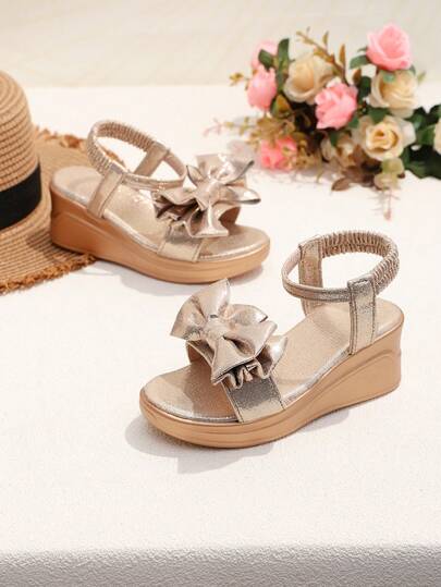 1 Pair Children's Gold Glitter Bow Tie Slip-On Shoes, Convenient Wear, Suitable For Performances, Parties, Fashion & Elegant