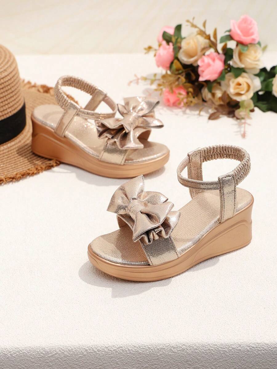 1 paire de chaussures à enfiler pour enfants avec nœud papillon doré pailleté, pratiques à porter, convenant aux représentations, aux fêtes, à la mode et à l'élégance - Doré - Voir 1