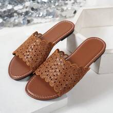 Women's Fashion Hollow Lace Flat Slippers, Casual Open Toe Summer Beach Sandals - Brown - View 8