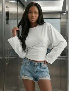 Women's Casual Solid Color Batwing Sleeve Loose Cropped Long Sleeve T-Shirt, Suitable For Summer And Spring, Summer And Spring Clothing, Summer And Spring Tops, Summer And Spring Apparel, Outdoor Tops, Women's Casual Blouse, Baby Phat, White - White - View 4