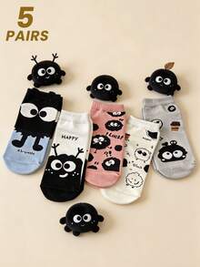 5 Pairs Cartoon Coal Ball Design Women's Short Socks, Fashionable, High-Quality, Breathable, Moisture-Wicking, Suitable For Daily Wear, Spring/Summer - Multicolor - View 9