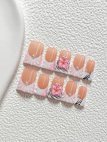 10Pcs Gentle French Style Handmade Nail Art Set,Unghie Press On,Flower Nail Art Decorations,White, Pink And Black Nail Polish,Sweet And Refined,Includes Nail Tools,3 Sizes Available,Almond Nails , Duck Nails,Coffin Nails For Party, Dance, Daily Wear. - 彩色 - 查看 2