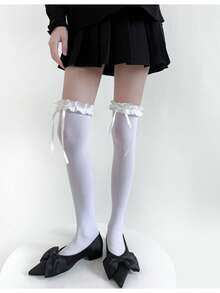 Cute Lace Ribbon Bow Thigh High Socks, Autumn Grey Velvet Elastic Over-The-Knee Stockings For Women - Multicolor - View 8