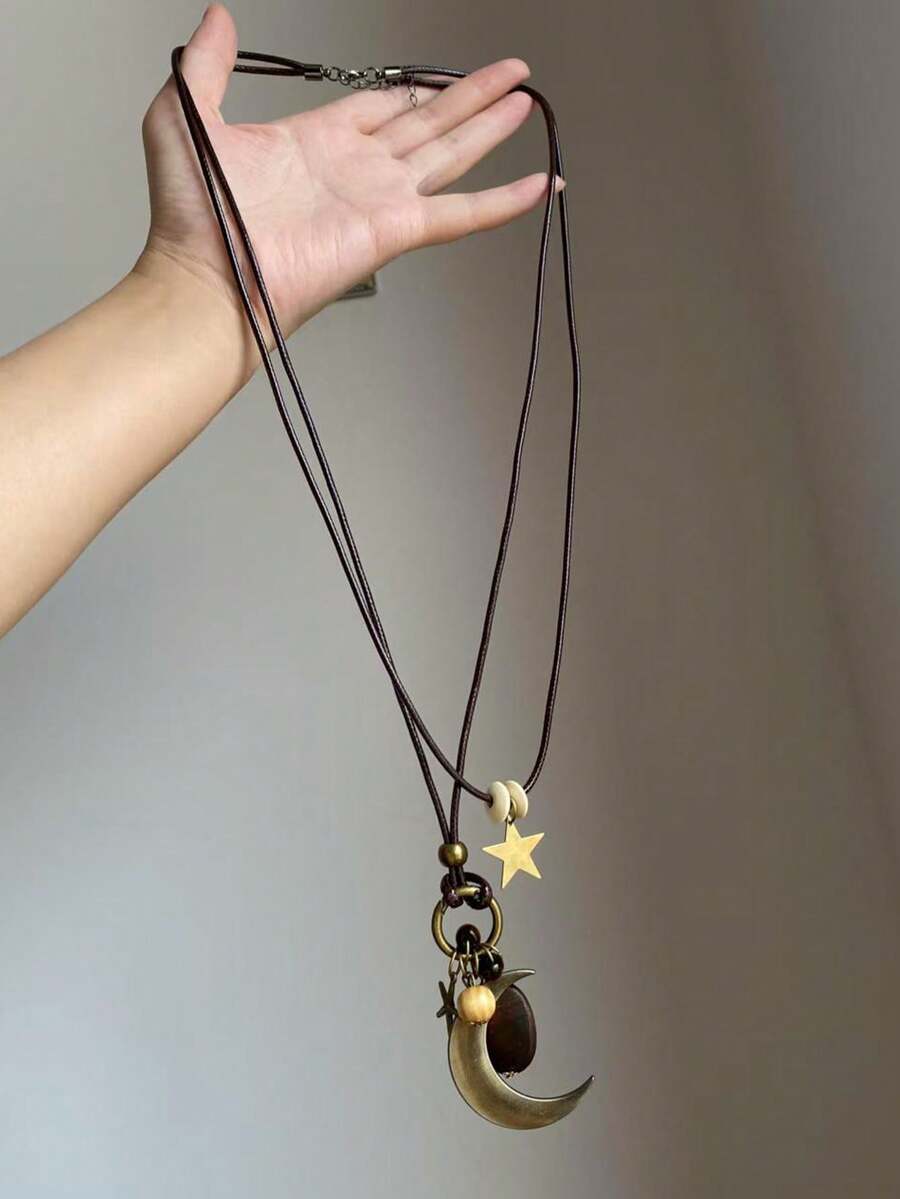 1件时尚简约复古几何星月吊坠项链,皮革和树脂多层项链,适合女性日常、派对、度假佩戴,也是一份贴心的礼物。 - 彩色 - 查看 1