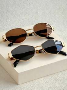 2 Pairs Summer Fashion Glasses Set, Retro Oval Metal Frame Unisex Decorative Glasses For Street Photography, Commuting, Daily Wear - Diamond-shaped Gold Gray + Round Gold Tea - View 8