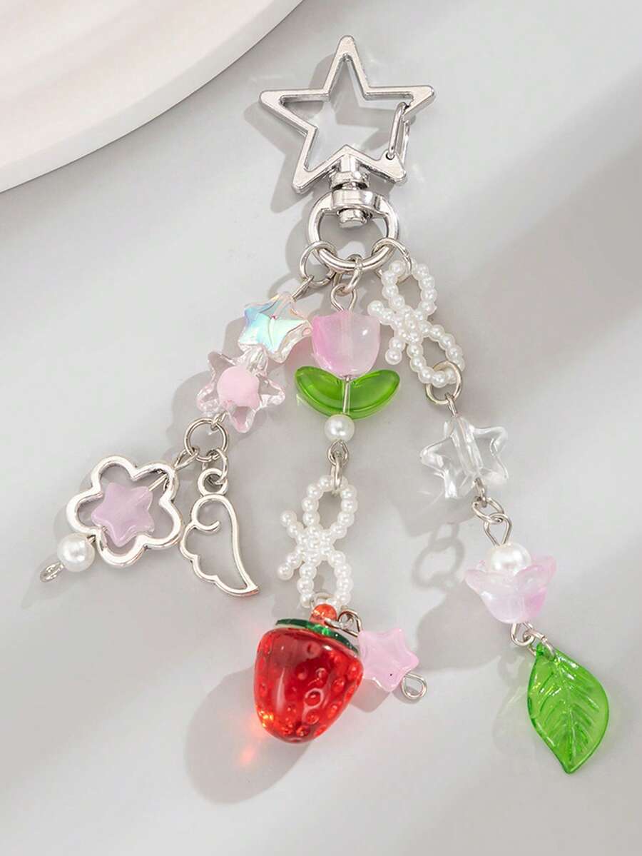 可爱包包挂饰,简约花卉、草莓、蝴蝶结、星星、心形钥匙扣,包包装饰,主题派对节日礼物 - 彩色 - 查看 1