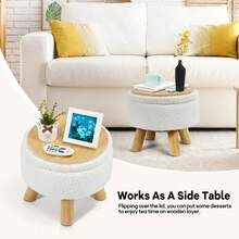 Small Round Ottoman Foot Rest Stool Fabric Padded Seat Footstool Ottoman With Anti-Slip Wooden Legs - 米色 - 查看 4