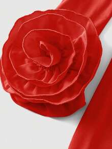 Plus Size Women's Summer Red Mandarin Collar Long Sleeve Rose Decor Fitted Mid-Length Dress, Suitable For Evening Party - Red - View 7