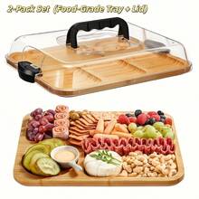 2pcs Party Plate Set(Plate +Cover) - Bamboo Cheese Tray With Clear Acrylic Lid | Portable Charcuterie Board For Camping, Parties, Restaurants | Holiday Appetizer & Snack Serving Tray, Can Be Used As Cutting Board, Party Snack Serving Plate, With Secure Lid, Includes Dinner - Multicolor - View 1