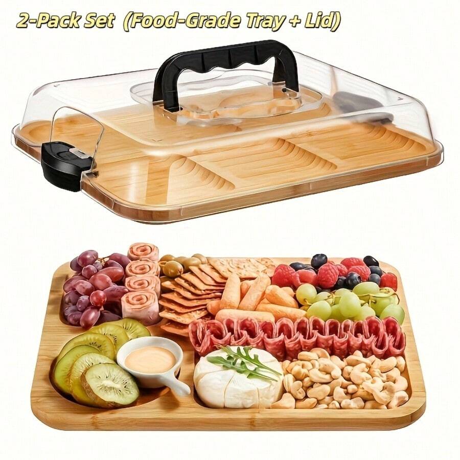 2pcs Party Plate Set(Plate +Cover) - Bamboo Cheese Tray With Clear Acrylic Lid | Portable Charcuterie Board For Camping, Parties, Restaurants | Holiday Appetizer & Snack Serving Tray, Can Be Used As Cutting Board, Party Snack Serving Plate, With Secure Lid, Includes Dinner - Multicolor - View 1