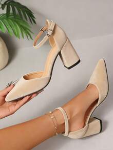 Giày sandal cao gót nữ, giày công sở mũi nhọn kiểu mới mùa xuân, giày cao gót, sandal quai cài khóa, gót dày, gót lửng bằng da lộn, kiểu slip-on, mùa hè - Màu be - Xem 6
