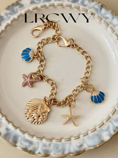 Women's Bag Charm, Fashionable Fresh Ocean Beach Shell Small Pearl Metal Chain, Vacation Style, Blue & Gold Keychain Accessories Key Chain Charms Beach Accessories Festival Graduation Teacher Appreciation Gifts Birthday Gift Mother Gifts Mothers Day Gift