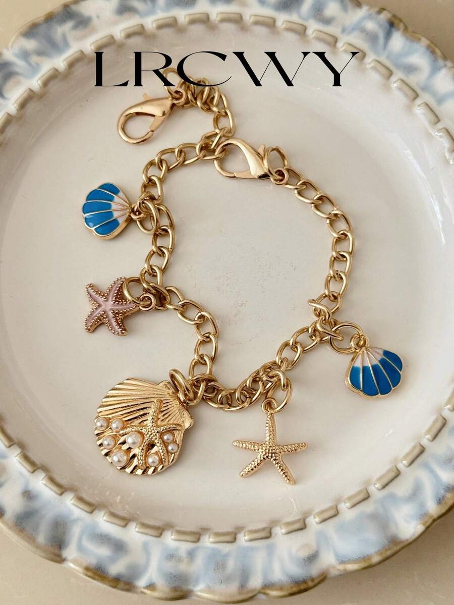 Móc khóa túi xách nữ, kiểu dáng thời trang, hình vỏ sò biển nhỏ đính ngọc trai, dây kim loại, phong cách nghỉ dưỡng, màu xanh dương và vàng. - Vàng - Xem 1