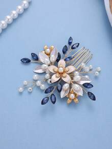 1pc Elegant Women's Blue Crystal & Faux Pearl Hair Comb, Bridal Wedding Flower Hair Clip, Vintage Headpiece For Formal Party,Summer,Beach,Festival,Birthday - Blue and White - View 4