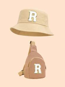 儿童渔夫帽和斜挎包两件套，休闲遮阳帽+迷你胸包，适合日常活动和时尚搭配 - 杏色 - 查看 12