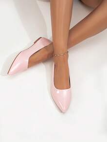Women's Spring/Summer New Fashion Simple Elegant Embroidered Flats, Pointed Toe, Pearl Pink PU Leather, Comfortable Slip-On Low Heel Casual Shoes, Suitable For Office, Commute, All Seasons - Pink - View 7