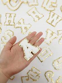 26pcs A-Z Letter Patches, Gold Color, Removable Sew-On 3D Embroidered Alphabet Decals, Suitable For Hats, Jeans, Clothes, Bags, DIY Crafts, Fashion Decoration, Jewelry Boxes, Storage Boxes, Phone Cases - White - View 2