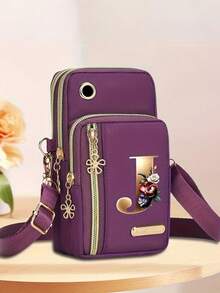 1个金属花朵和26个字母A-Z印花时尚休闲单肩包，尼龙材质零钱包，手机单肩包，女士手提包，多功能腕包，带手机口袋的单肩包和零钱包，休闲旅行学生礼物，母亲节，周年纪念日，生日，返校，节日礼物 - 彩色 - 查看 24