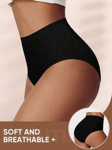 1 pieza Bragas de talle alto para mujer de talla grande, diseño jacquard, elegantes, suaves y transpirables - Negro - Ver 4