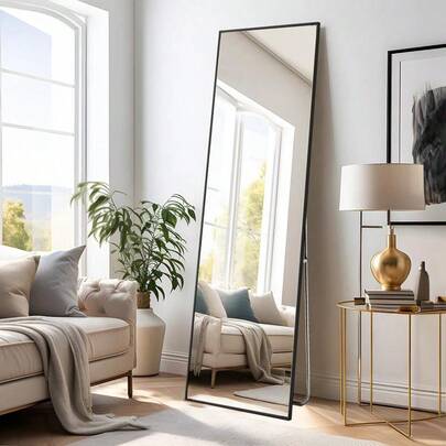 150x40cm Large Full-Length Mirror Metal Frame Freestanding, Wall-Mounted Or Leaned Vertical Design, Black, Contemporary Style For Living Room & Dressing Bedroom, Versatile Floor Mirror Modern Home Accessory Glass Mirror Panel, Decorative Wall Mirror