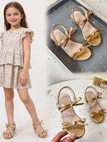 Girls' Crystal Bow Glitter Sandals With Transparent Chunky Heel - Gold - View 3